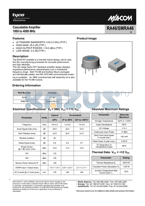 SMRA46 datasheet - Cascadable Amplifier 1000 to 4000 MHz