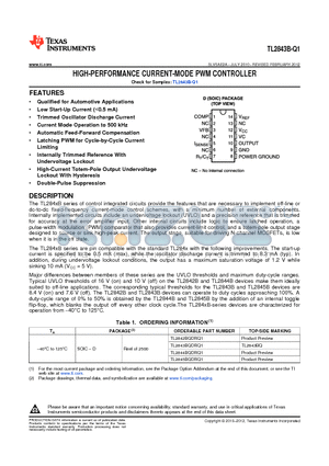 TL2843B-Q1 datasheet - HIGH-PERFORMANCE CURRENT-MODE PWM CONTROLLER