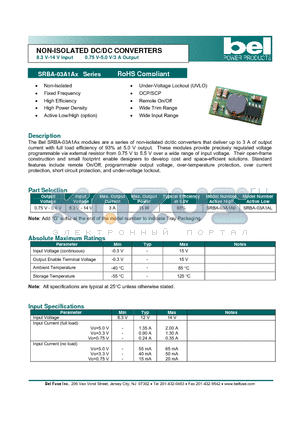 SRBA-03A1AL datasheet - NON-ISOLATED DC/DC CONVERTERS 8.3 V-14 V Input 0.75 V-5.0 V/3 A Output