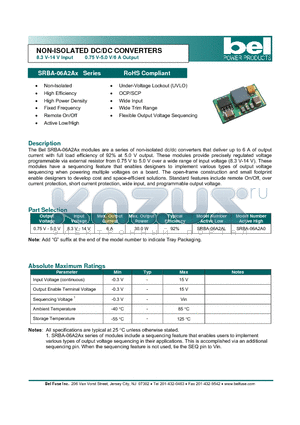 SRBA-06A2A0 datasheet - NON-ISOLATED DC/DC CONVERTERS 8.3 V-14 V Input 0.75 V-5.0 V/6 A Output