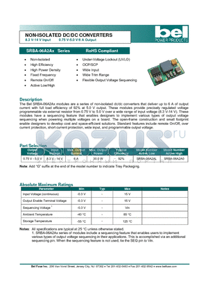 SRBA-06A2AX datasheet - NON-ISOLATED DC/DC CONVERTERS 8.3 V-14 V Input 0.75 V-5.0 V/6 A Output