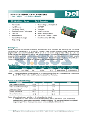 SRBA-06F2AX datasheet - NON-ISOLATED DC/DC CONVERTERS 2.4 V-5.5 V Input 0.75 V-3.63 V/6 A Output