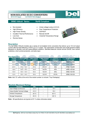 SRBC-10A150 datasheet - NON-ISOLATED DC/DC CONVERTERS 10 V-14 V Input 1.2 V-5.0 V/10 A Output