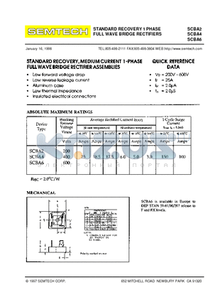 SCBA2 datasheet - STANDARD RECOVERY 1 PHASE FULL WAVE BRIDGE RECTIFIERS