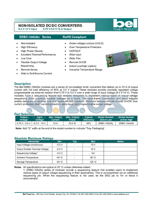 SRBC-10A2A0 datasheet - NON-ISOLATED DC/DC CONVERTERS 8.3 V-14 V Input 0.75 V-5.0 V/10 A Output