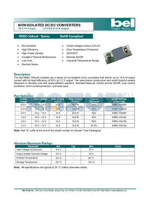 SRBC-10A250 datasheet - NON-ISOLATED DC/DC CONVERTERS 10 V-14 V Input 1.2 V-5.0 V/10 A Output