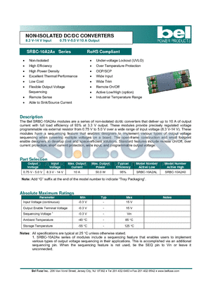 SRBC-10A2AX datasheet - NON-ISOLATED DC/DC CONVERTERS 8.3 V-14 V Input 0.75 V-5.0 V/10 A Output