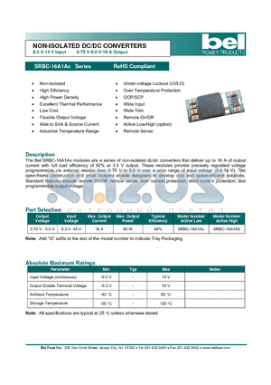 SRBC-16A1A0 datasheet - NON-ISOLATED DC/DC CONVERTERS 8.3 V-14 V Input 0.75 V-5.0 V/16 A Output
