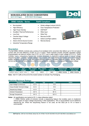 SRBC-16A2AL datasheet - NON-ISOLATED DC/DC CONVERTERS 8.3 V-14 V Input 0.75 V-5.0 V/16 A Output