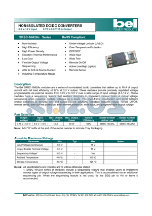SRBC-16A2AX datasheet - NON-ISOLATED DC/DC CONVERTERS 8.3 V-14 V Input 0.75 V-5.0 V/16 A Output