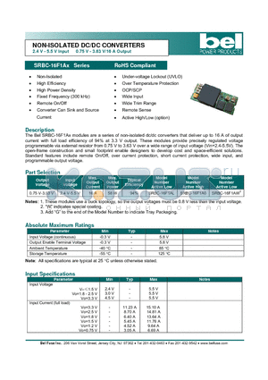SRBC-16F1A0 datasheet - NON-ISOLATED DC/DC CONVERTERS 2.4 V - 5.5 V Input 0.75 V - 3.63 V/16 A Output