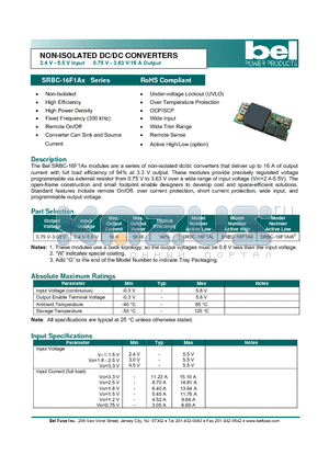 SRBC-16F1AW datasheet - NON-ISOLATED DC/DC CONVERTERS 2.4 V - 5.5 V Input 0.75 V - 3.63 V/16 A Output