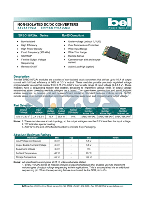 SRBC-16F2AL datasheet - NON-ISOLATED DC/DC CONVERTERS 2.4 V-5.5 V Input 0.75 V-3.63 V/16 A Output