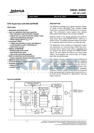 X4643S8-2.7A datasheet - CPU Supervidor with 64K EEPROM