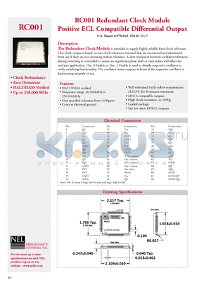 RC001 datasheet - Redundant Clock Module Positive ECL Compatible Differential Output