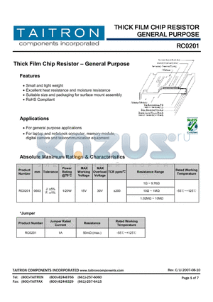 RC0201F103-XX-TR70 datasheet - Thick Film Chip Resistor  General Purpose