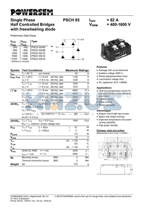 PSCH85 datasheet - Single Phase Half Controlled Bridges with freewheeling diode