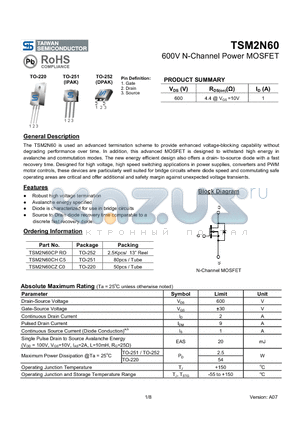 TSM2N60_07 datasheet - 600V N-Channel Power MOSFET