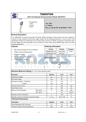 TSM2N7000CTA3 datasheet - 60V N-Channel Enhancement Mode MOSFET