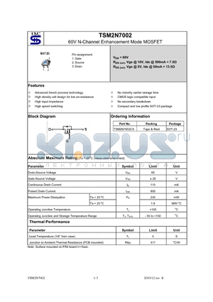 TSM2N7002 datasheet - 60V N-Channel Enhancement Mode MOSFET