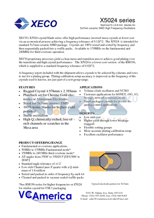 X5024BB170D155F520AA datasheet - Nominal 5 x 2.4 mm blanks for 5x7mm ceramic SMD High Frequency Oscillators