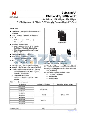 SMS256AFA5E datasheet - 64 MByte, 128 MByte, 256 MByte 512 MByte and 1 GByte, 3.3V Supply Secure Digital Card
