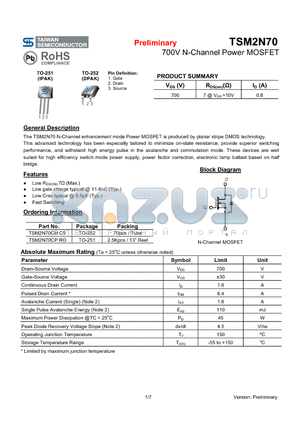 TSM2N70CPRO datasheet - 700V N-Channel Power MOSFET