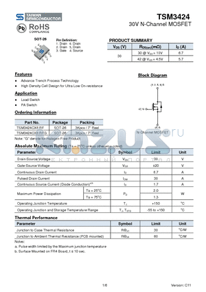 TSM3424CX6RFG datasheet - 30V N-Channel MOSFET