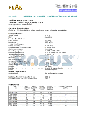 PSD-1205D datasheet - PSD-XXXXD 1KV ISOLATED 1W UNREGULATED DUAL OUTPUT SMD