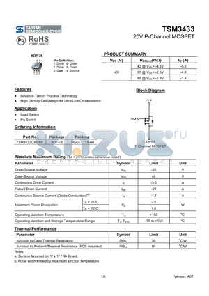 TSM3433CX6RF datasheet - 20V P-Channel MOSFET