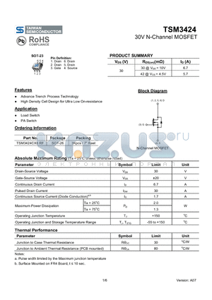 TSM3424CX6RF datasheet - 30V N-Channel MOSFET