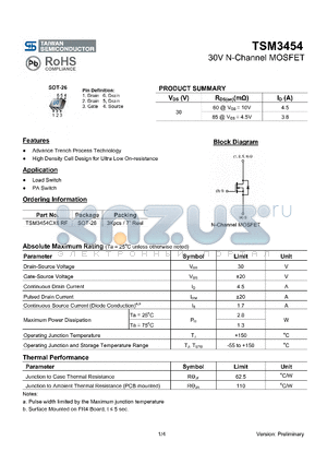 TSM3454 datasheet - 30V N-Channel MOSFET