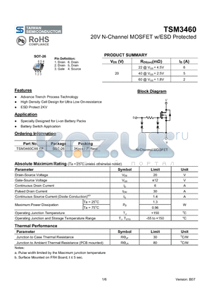 TSM3460 datasheet - 20V N-Channel MOSFET w/ESD Protected