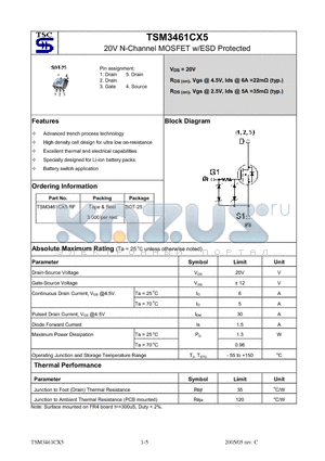 TSM3461CX5 datasheet - 20V N-Channel MOSFET w/ESD Protected