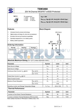 TSM3460 datasheet - 20V N-Channel MOSFET w/ESD Protected