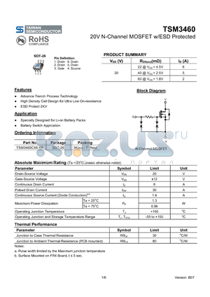TSM3460_07 datasheet - 20V N-Channel MOSFET w/ESD Protected