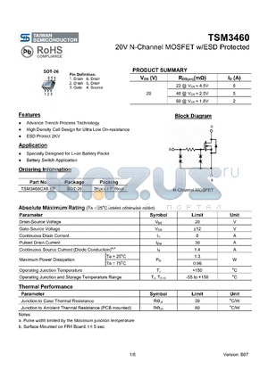 TSM3460_08 datasheet - 20V N-Channel MOSFET w/ESD Protected