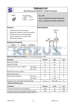 TSM3461 datasheet - 20V N-Channel MOSFET w/ESD Protected