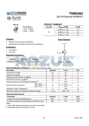 TSM3462CX6RF datasheet - 20V N-Channel MOSFET