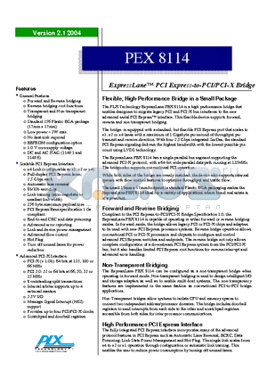 PEX8114 datasheet - ExpressLane PCI Express-to-PCI/PCI-X Bridge