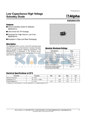 SMS3925-079 datasheet - Low Capacitance High Voltage Schottky Diode