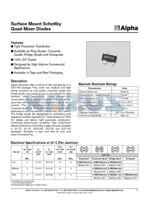 SMS3926-023 datasheet - Surface Mount Schottky Quad Mixer Diodes