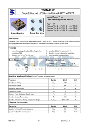 TSM4405P datasheet - Single P-Channel 1.8V Specified MicroSURF MOSFET