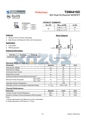 TSM4416D datasheet - 30V Dual N-Channel MOSFET