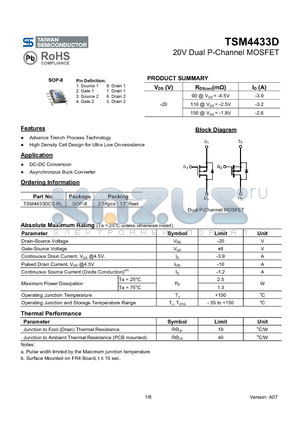 TSM4433DCSRL datasheet - 20V Dual P-Channel MOSFET