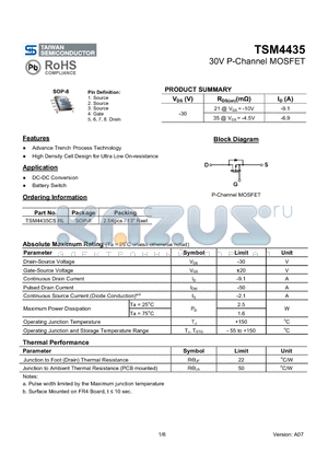 TSM4435CS datasheet - 30V P-Channel MOSFET