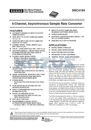 SRC4194 datasheet - 4-Channel, Asynchronous Sample Rate Converter