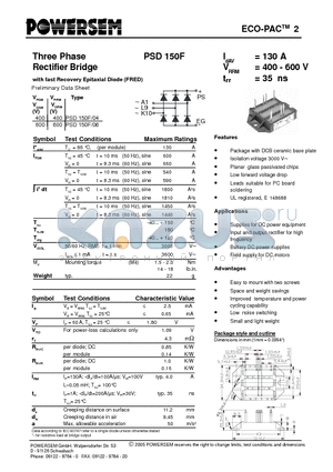 PSD150F-06 datasheet - Three Phase Rectifier Bridge