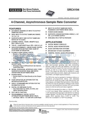 SRC4194IPAGR datasheet - 4-Channel, Asynchronous Sample Rate Converter