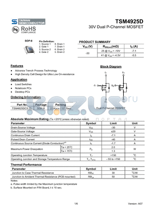 TSM4925DCSRL datasheet - 30V Dual P-Channel MOSFET